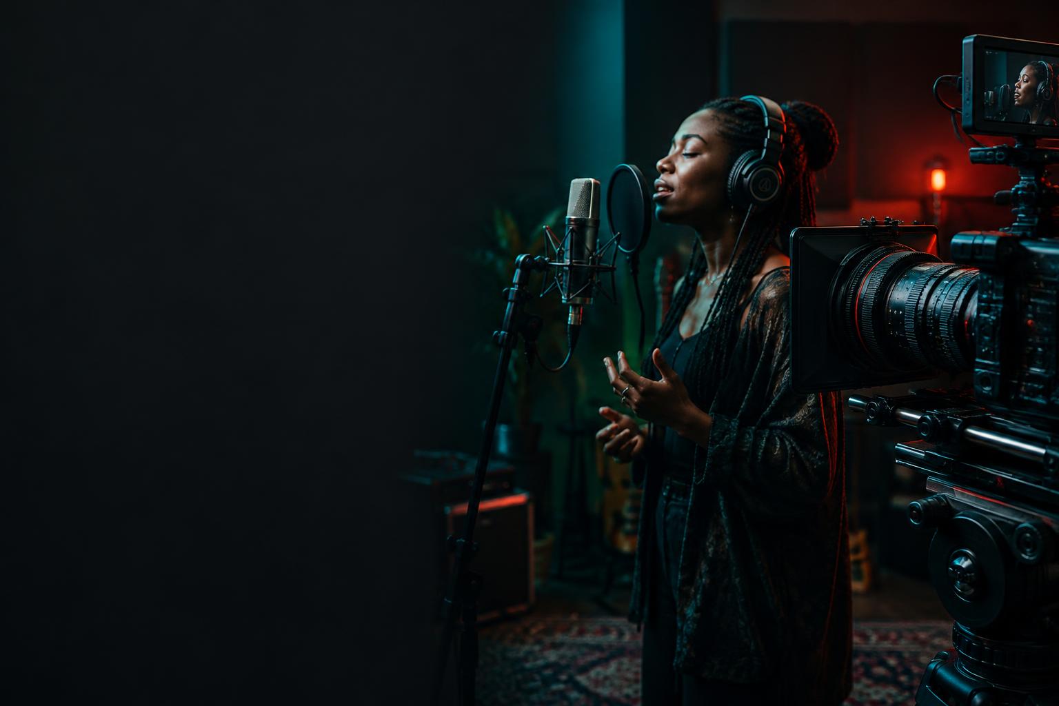 Chanteuse au micro et caméra de cinéma dans un studio